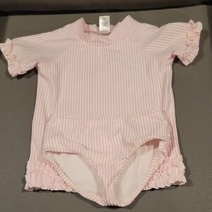 Ruffle Butts Pink Striped Girls Rashguard Swimsuit